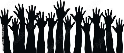Raised hands silhouette illustration, crowd participation, black vector, unity symbol, voting concept, support gesture, communal artwork