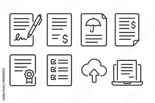 Business contract and legal agreement document line icons. Set includes NDA, digital signature, compliance, license, insurance, payment terms and upload-download paper vector illustration
