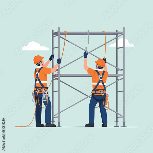Skilled construction professionals in protective gear meticulously erect a robust scaffolding system, demonstrating teamwork and adherence to safety protocols.