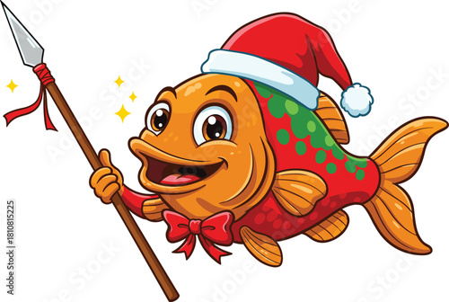 Cartoon festive fish with Santa hat and spear, cheerful underwater Christmas character, holiday ocean animal illustration with sparkles