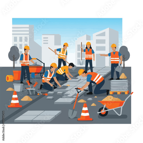 A team of dedicated construction workers diligently lays new paving stones on an urban sidewalk, showcasing collaborative effort in city development.