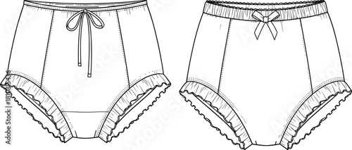 High waist panties set, ruffled knickers with bow and tie, technical fashion sketch, cad drawing flat vector illustration, apparel template