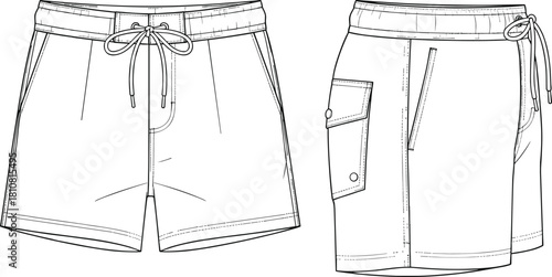 Men's swim shorts technical sketch, board shorts fashion template with cargo pocket, front and side view, cad drawing flat vector illustration.