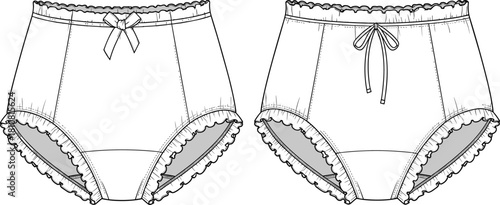 Women's high waist panties set, ruffled underwear, technical fashion sketch, cad drawing flat vector illustration, isolated on white