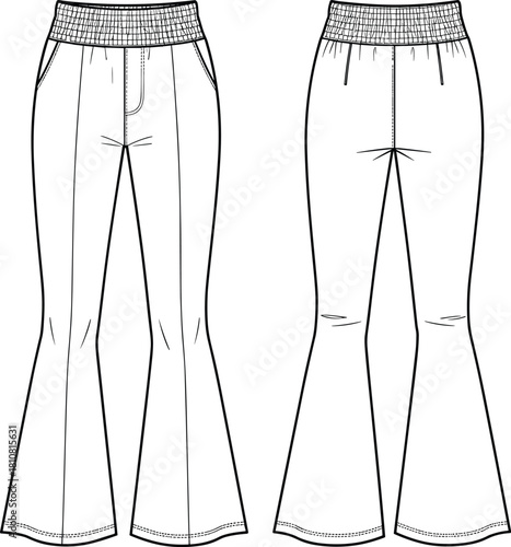 Women's high waist flare pants with smocked waistband technical fashion sketch, front and back view, cad drawing flat vector illustration.