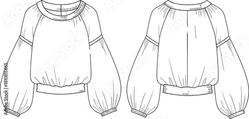 Women's lantern sleeve blouse, round neck, raglan top, elastic hem, front back view, cad drawing flat vector illustration.
