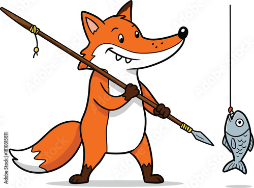 Cartoon fox with spear, fishing scene, anthropomorphic animal, funny wildlife moment, playful nature illustration, happy fox, outdoor catch, fish humor