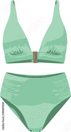Women's mint green bikini set, high waist swimwear, gathered top, technical fashion sketch, cad drawing flat vector illustration, summer beachwear