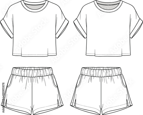 Women's loungewear set technical fashion sketch, crop top with rolled sleeves and elastic shorts, cad drawing flat vector illustration.