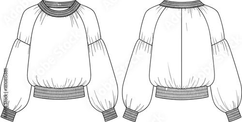 Women's raglan lantern sleeve blouse, gathered neckline, elastic waist, front back view, cad