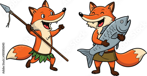 Cartoon foxes fishing, animal teamwork, funny wildlife moment, playful nature scene, educational illustration, spear fishing, happy animals, outdoor adventure