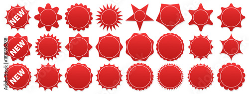 Vibrant red labels and badges set, announcing new arrivals and deals - editable effects