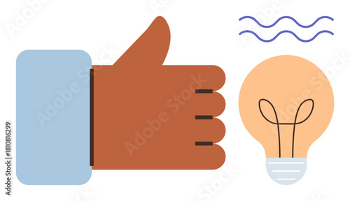 Thumbs-up hand gesture beside lightbulb and wavy lines symbolizing innovation, approval, and imagination. Ideal for creativity, leadership, teamwork, innovation, problem-solving, positivity