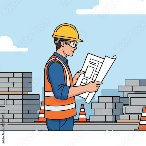 A focused construction worker in safety gear diligently reviews architectural blueprints at a building site, ensuring project accuracy and safety standards.