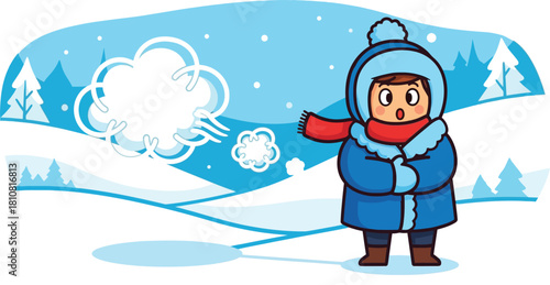 Cartoon child bundled up outside in a snowy winter landscape scene high-resolution vector graphic for design use