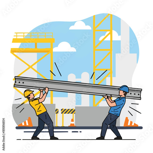 Dedicated construction workers in hard hats demonstrate teamwork and strength as they carefully carry a heavy steel beam through an active building site.