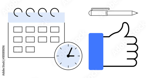 Time management concept. Calendar, clock, and pen organization while a thumbs-up productivity. Time management supports scheduling, productivity, planning, efficiency, workflow improvement