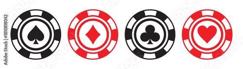 Poker chips color icons vector set. Playing poker concept. Isolated Casino poker chip logo. Poker symbols.