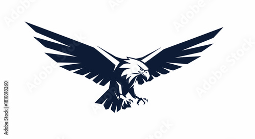 A powerful, stylized illustration of a dark blue eagle with its wings spread wide, ready to attack on a white background.