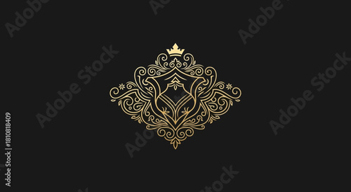 Elegant golden ornate emblem with a crown and intricate scrollwork on a black background, featuring a luxurious design.