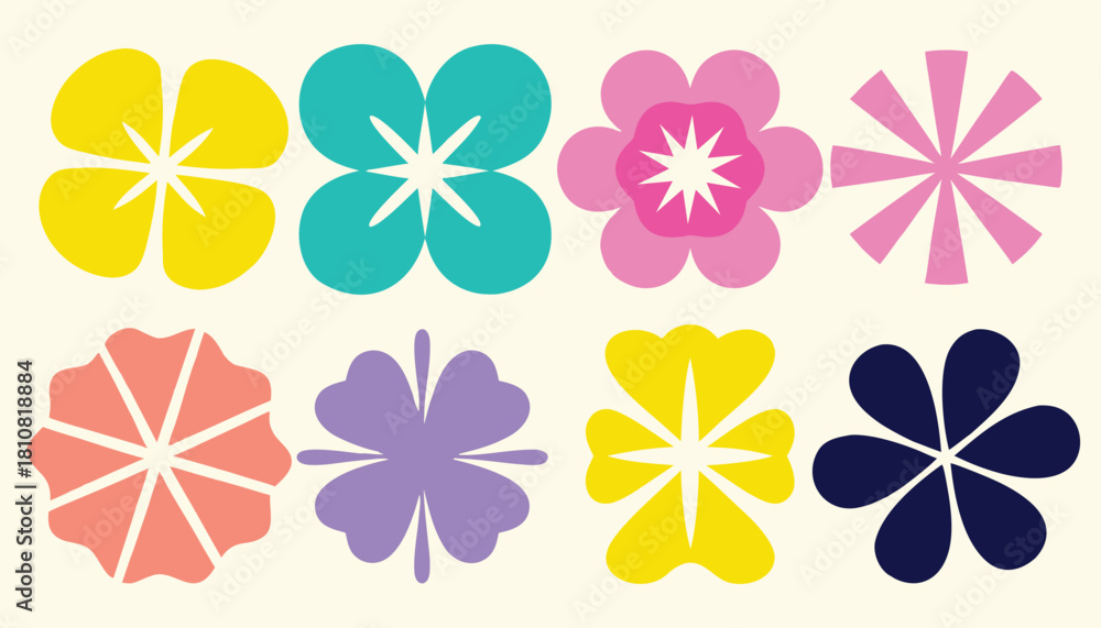 Fototapeta premium Simple Retro Colorful Abstract Flower Shapes Icon and Motif Collection