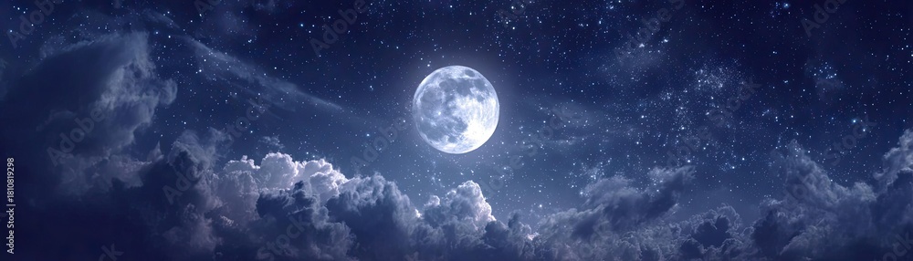Naklejka premium Mystical moon floating in starry night sky concept. A stunning night sky illuminated by a bright, full moon.