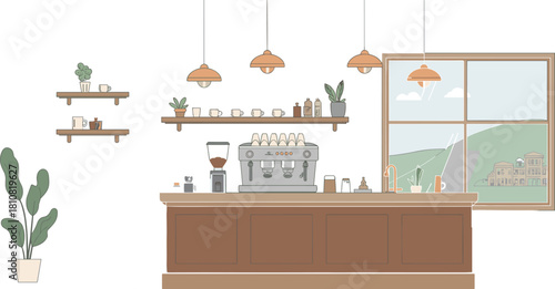 Minimalist modern coffee shop interior illustration with espresso machine, hanging lights, wooden counter, plants, window view and cozy café decorative elements