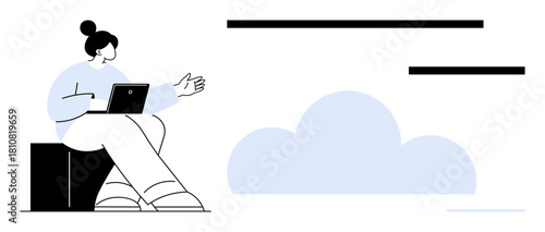 Woman sitting, using a laptop, conversational gesture, abstract cloud and lines. Ideal for technology, communication, online meeting, remote work, cloud computing collaboration digital innovation