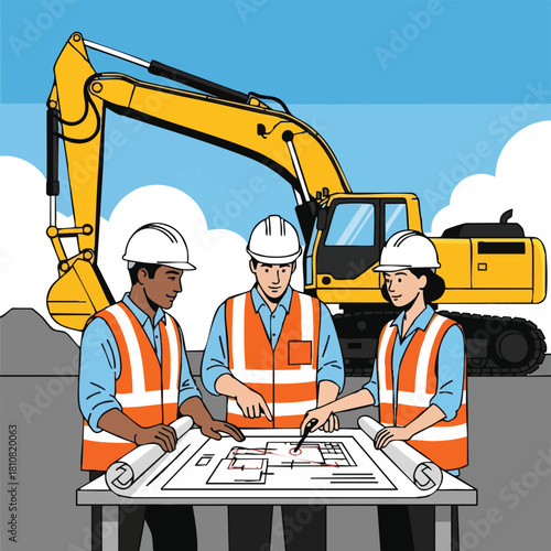 A diverse team of construction engineers and architects collaborates on blueprints at an active building site, with heavy machinery visible in the background.