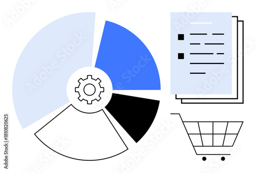 Pie chart with gear for analytics, document with bullet points, shopping cart graphic. Ideal for business, strategy, e-commerce, analytics, finance planning organization. Simple flat metaphor