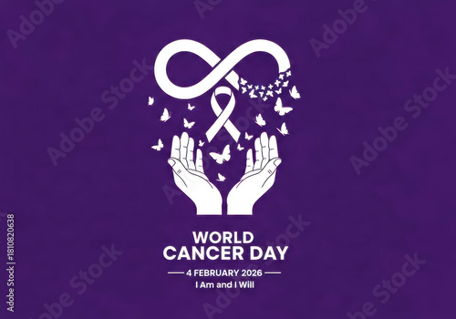 World cancer day banner with infinity ribbon and butterfly, raising awareness and support for cancer patients, promoting hope and resilience