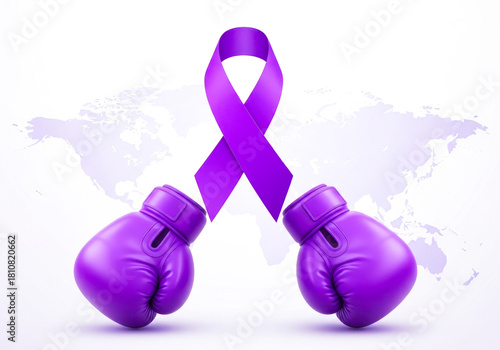 Empowering fight against cancer purple ribbon and boxing gloves symbolize strength and hope, isolated on, raising awareness globally