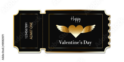 Black and gold Valentine's Day ticket with "Happy Valentine's Day" inscription and golden heart with wings. Vector template