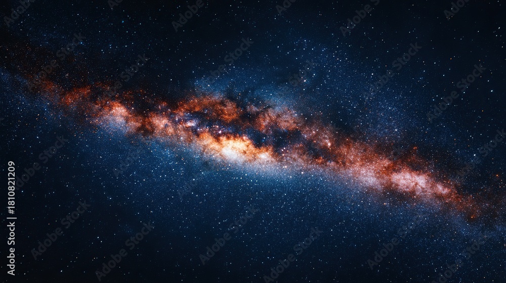 Obraz premium A stunning wide-angle view of the Milky Way galaxy stretches across the night sky, revealing vibrant star clusters, nebulae, and a luminous band of light.