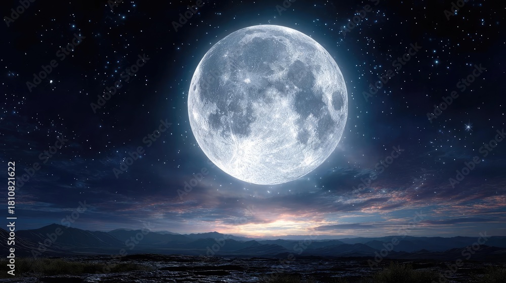 Fototapeta premium Mystical moon floating in starry night sky concept. A stunning full moon illuminates the night sky over mountains.