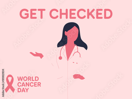 A motivational illustration promoting World Cancer Day with a doctor character encourages individuals to prioritize regular health checkups for early detection and care.