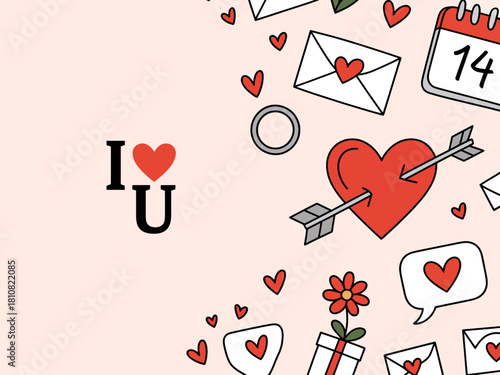 A vibrant illustration showcasing hearts, love letters, and symbols of affection, perfect for conveying themes of romance and love in a whimsical style.