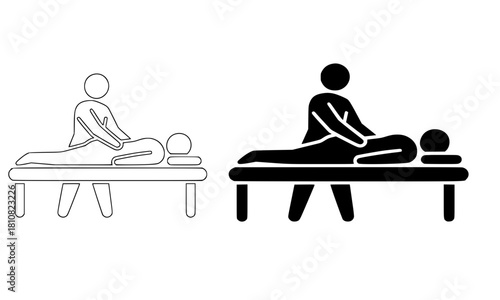 Massage Therapy and Spa Treatment Icon Set, Black Solid Silhouette and Outline Stroke Pictograms, Person Receiving a Back Massage on a Table, Relaxation, Wellness, Bodywork, Health and Recovery Symbol