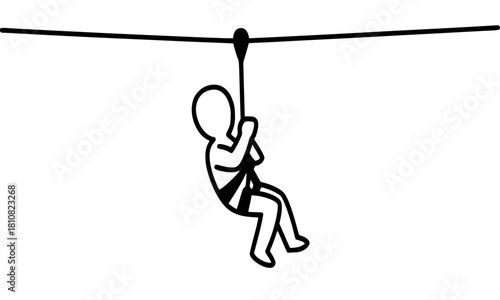 Zip Line Adventure Outline Pictogram, Person Riding the Flying Fox, Extreme Sport and Outdoor Activity Icon, Rope Slide, Safety Harness and Cable Transport Symbol.