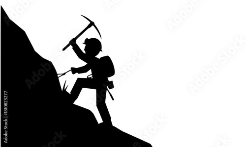 Mountain Climber Silhouette, Alpine Climbing Adventure, Person Scaling a Steep Slope with an Ice Axe and Backpack, Mountaineering, Challenge and Success, Exploration, Extreme Sport Concept.