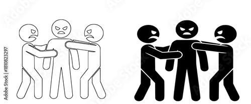 Conflict and Aggression Control Icon Set, Black Silhouette and Outline Stroke Pictograms, Two People Restraining an Angry Person, Dispute Mediation, Violence Prevention, Containment of Anger Symbol.