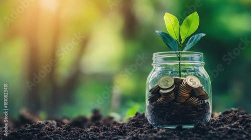 Wallpaper Mural A glass jar filled with coins grows a small plant, symbolizing financial growth and investment against a blurred green forest background. Torontodigital.ca