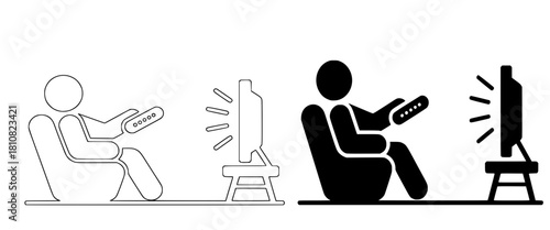 Person Watching Television Icon Set, Black Solid Silhouette and Outline Stroke Pictograms, Relaxing in Chair with a Remote Control, Home Entertainment, Leisure Time, Binge Watching Activity Symbol.