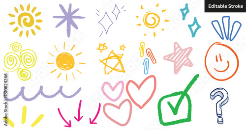 Set of colorful hand-drawn doodle icons. Sketch sun, star, heart, and arrow vector illustration.