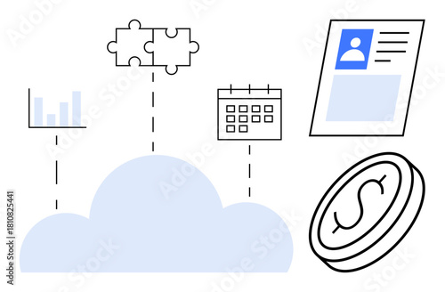 Cloud computing with visual elements thumbs up a puzzle, calendar, user profile, and coin. Cloud computing offers remote access, planning, identity services, and finances for businesses