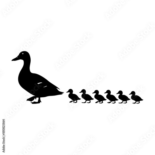 Mother Duck and Ducklings Silhouette Vector