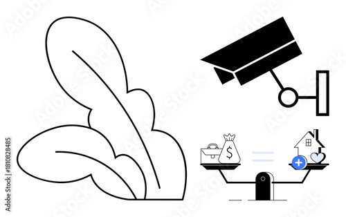 Surveillance symbols security. Security integrated with financial stability and environmental conservation concepts. Security systems, eco-awareness, financial management. Suitable for technology