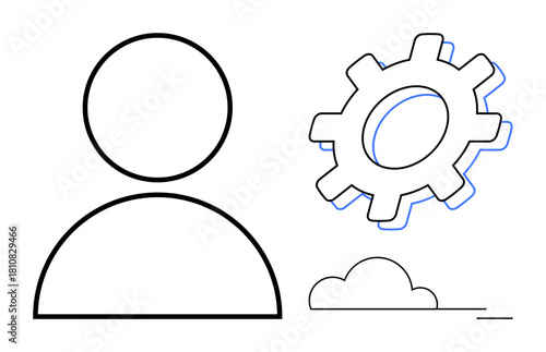Minimalist person outline with a gear and cloud symbolizes teamwork, innovation, technological integration, and progress. Ideal for collaboration, leadership, creativity, software concept