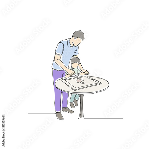 A minimalist continuous line illustration of a father guiding his child while drawing on a table, enhanced with soft flat colors to create a warm, modern family moment