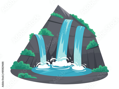 A picturesque scene of three waterfalls flowing down a rocky mountain, surrounded by green vegetation, representing the beauty and tranquility of nature's water landscapes.